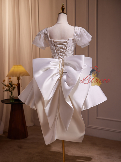 White Satin Bow Beading Homecoming Dress