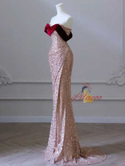 Mermaid Sequins Velvet Pleats Prom Dress