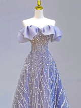 Blue Tulle Sequins Off the Shoulder Prom Dress