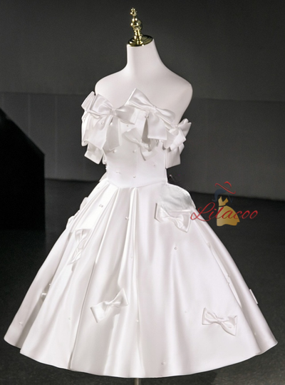 White Satin Strapless Bow Wedding Dress