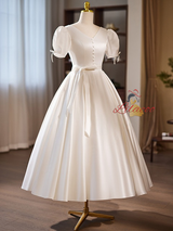 White Satin V-neck Button Wedding Dress