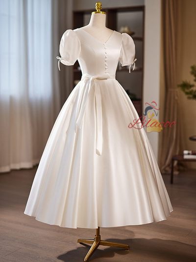 White Satin V-neck Button Wedding Dress