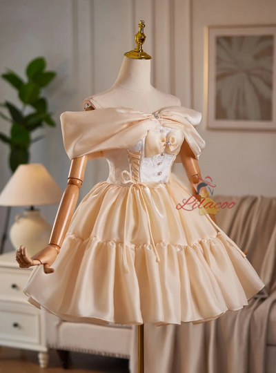 Champagne Off the Shoulder Bow Homecoming Dress