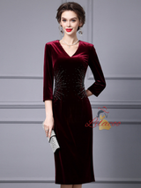 Burgundy Velvet Short Sleeve Mother Of The Bride Dress