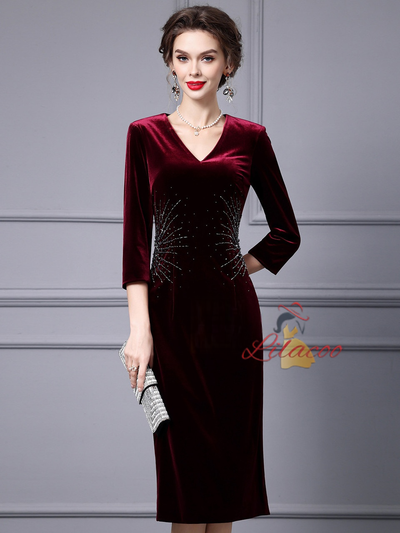 Burgundy Velvet Short Sleeve Mother Of The Bride Dress