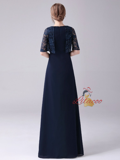 Navy Blue Chiffon Lace Mother Of The Bride Dress