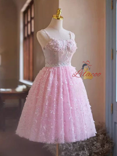 Pink Tulle Sequins Straps Butterfly Homecoming Dress