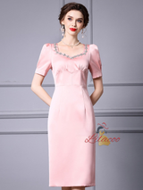Pink Satin Short Sleeve Mother Of The Bride Dress