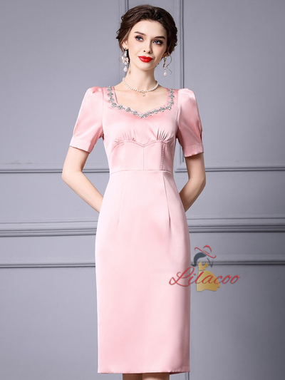 Pink Satin Short Sleeve Mother Of The Bride Dress