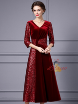 Burgundy Velvet Sequins Mother Of The Bride Dress