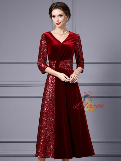 Burgundy Velvet Sequins Mother Of The Bride Dress