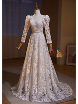 Simple White Lace Long Sleeve V-neck Wedding Dress
