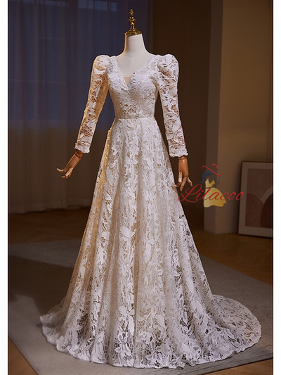 Simple White Lace Long Sleeve V-neck Wedding Dress