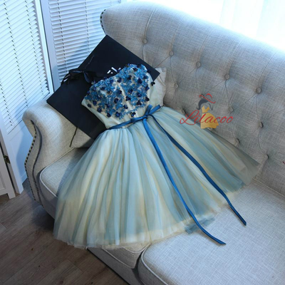 Blue Tulle Straps Appliques Homecoming Dress
