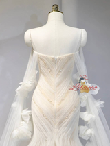 White Mermaid Tulle Pleats Pearls Wedding Dress