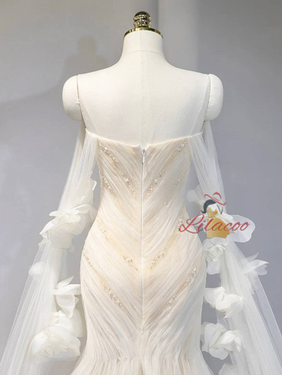White Mermaid Tulle Pleats Pearls Wedding Dress