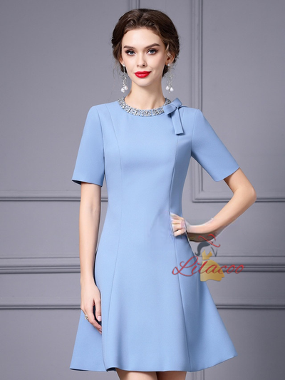 Blue Short Sleeve Beading Mother Of The Bride Dress