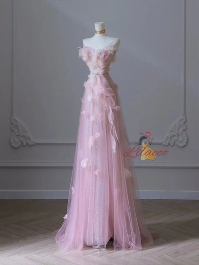 Pink Tulle Sequins Appliques Prom Dress