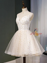 White Tulle Star Sequins Homecoming Dress