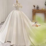 Ivory Satin Off the Shoulder Pleats Wedding Dress