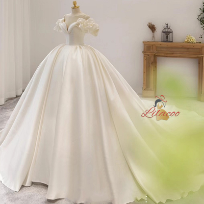 Ivory Satin Off the Shoulder Pleats Wedding Dress