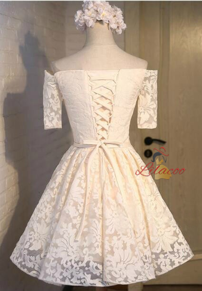 Yellow Lace Short Sleeve Homecoming Dress
