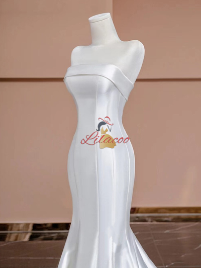 White Mermaid Strapless Satin Button Wedding Dress