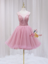 Pink Tulle Sequins Beading Backless Homecoming Dress