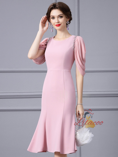 Pink Short Sleeve Beading Mother Of The Bride Dress