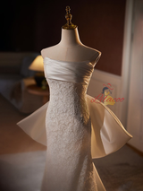 White Mermaid Lace Satin Strapless Bow Wedding Dress