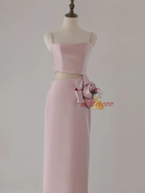Pink Satin Spaghetti Straps Flower Prom Dress