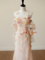 Sexy Pink Tulle Long Sleeve Flower Prom Dress