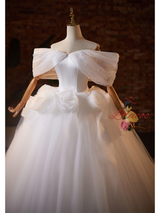 White Tulle Off the Shoulder 3D Flower Wedding Dress