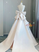 Simple Ivory Satin V-neck Backless Bow Wedding Dress