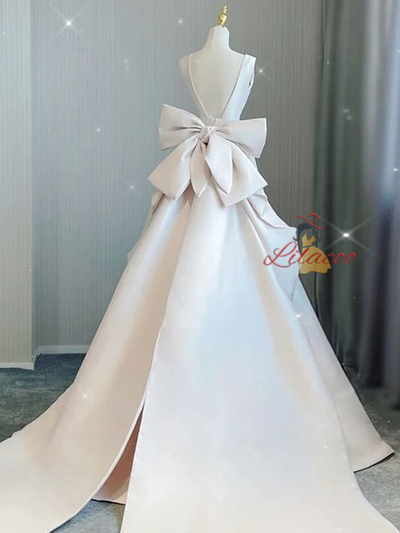 Simple Ivory Satin V-neck Backless Bow Wedding Dress