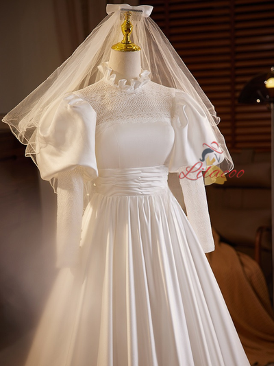 White Satin High Neck Long Sleeve Wedding Dress