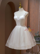 White Tulle Straps Pearls Homecoming Dress