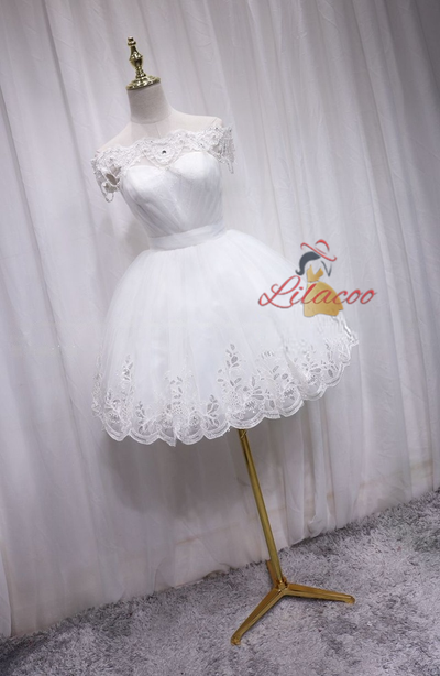 White Tulle Lace Beading Homecoming Dress
