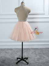 Tulle Halter Backless Beading Homecoming Dress