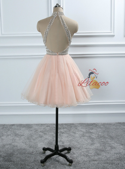 Tulle Halter Backless Beading Homecoming Dress