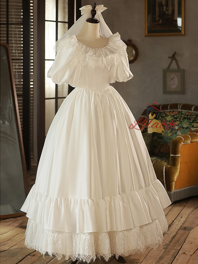 White Satin Lace Puff Sleeve Wedding Dress