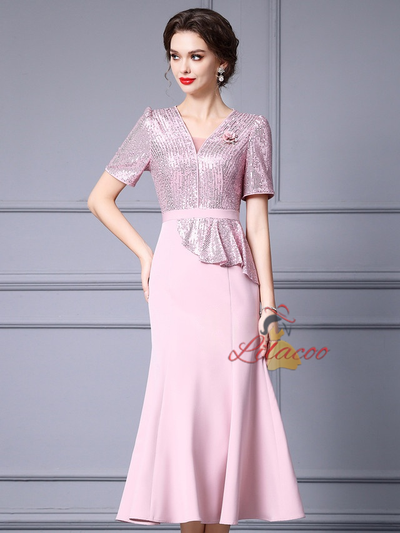Pink Sequins Short Sleeve Mother Of The Bride Dress