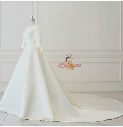 White Satin Short Sleeve Bow Wedding Dress