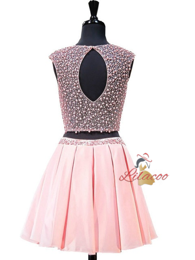 Pink Two Piece Beading Pearls Homecoming Dress
