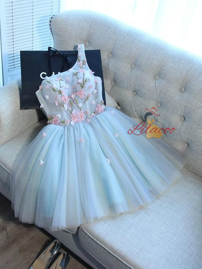 Blue Tulle One Shoulder Appliques Homecoming Dress