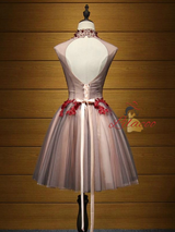 Burgundy Lace Appliques Beading Backless Homecoming Dress
