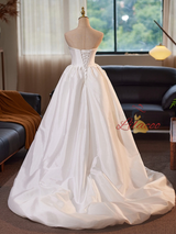 White Strapless Satin Hi Lo Wedding Dress