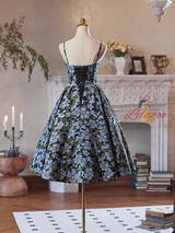 Black Spaghetti Straps Print Homecoming Dress
