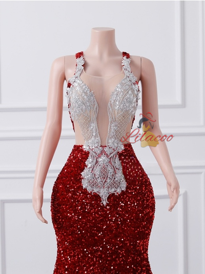Burgundy Mermaid Sequins Backless Prom Dress