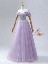 Lavender Tulle Off the Shoulder Sequins Beading Prom Dress